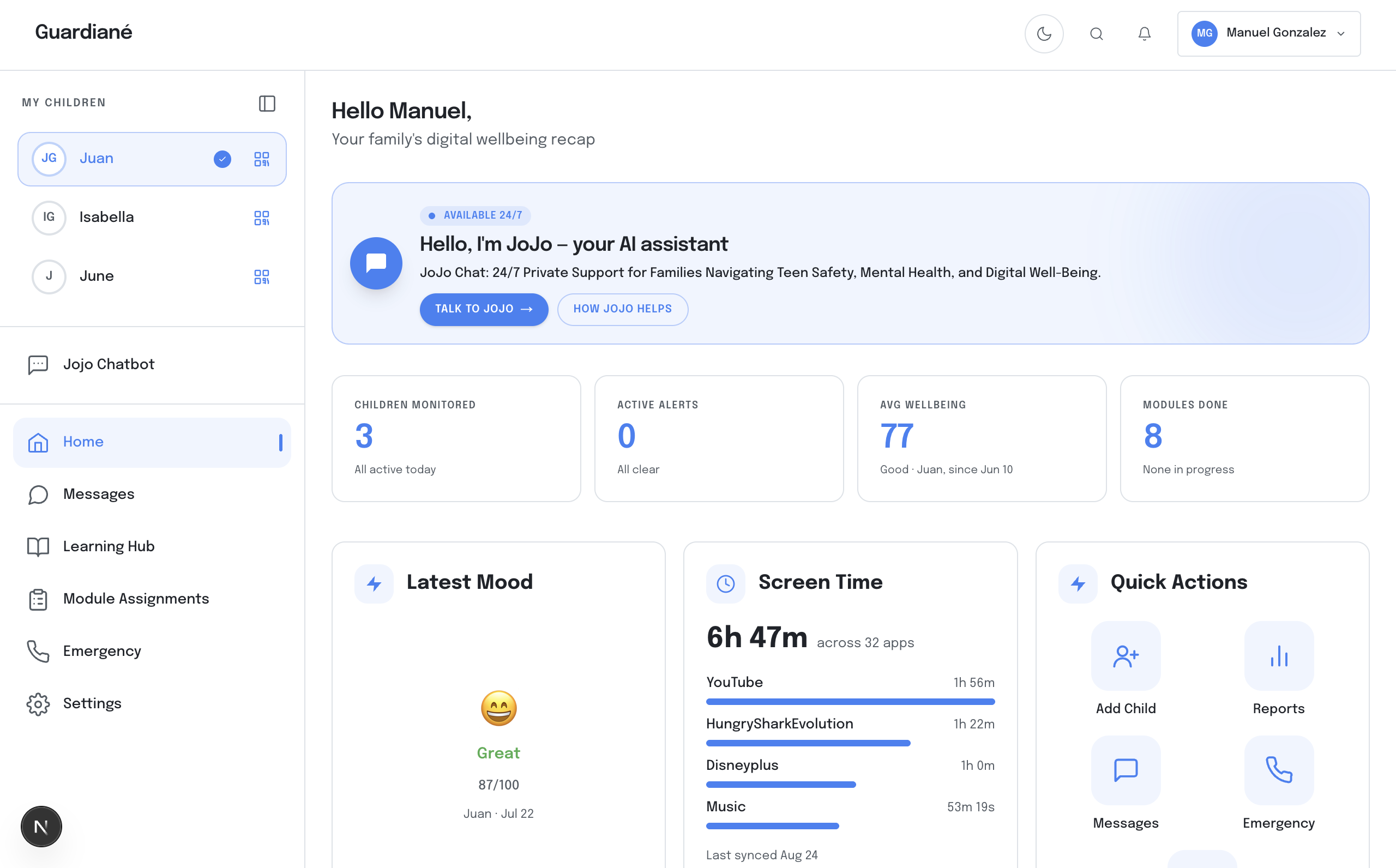 Guardiané dashboard showing a real-time risk alert